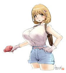 Rule 34 | 10s, 1girl, bare shoulders, belt, blonde hair, bow, breasts, brown eyes, brown hair, cowboy shot, dated, denim, energy gun, female focus, gloves, gun, hair ornament, hairclip, hand on own hip, haruoh, highres, holster, huge breasts, jeans, narusawa ryouka, occultic;nine, open mouth, pants, ray gun, shirt, shirt tucked in, short hair, shorts, signature, simple background, solo, standing, weapon, white background, white gloves