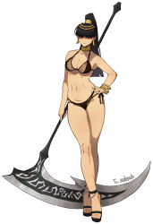Rule 34 | 1girl, abs, absurdres, bracelet, breasts, cleavage, cleopatra, closed mouth, earrings, egypt, egyptian, hand on own hip, highres, holding, holding scythe, hoop earrings, jewelry, kangc00, kritika, medium breasts, navel, scythe, solo