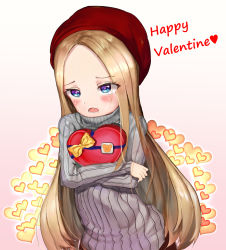 Rule 34 | 1girl, abigail williams (fate), alternate costume, beret, blonde hair, blue eyes, blush, bow, box, commentary, fate/grand order, fate (series), forehead, gradient background, grey sweater, happy valentine, hat, heart, heart-shaped box, highres, hugging object, long hair, long sleeves, open mouth, parted bangs, pink background, red hat, ribbed sweater, solaris (sinhyg), solo, sweater, very long hair, white background, yellow bow