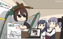 Rule 34 | 3girls, airplane costume, black hair, blue hair, blue neckwear, blue ribbon, blue sailor collar, buttons, commentary request, computer, dated, freckles, gradient hair, green eyes, hamu koutarou, hat, highres, hyuuga (kancolle), kantai collection, laptop, long hair, looking at another, matsuwa (kancolle), multicolored hair, multiple girls, one-hour drawing challenge, ooshio (kancolle), pink hair, purple hair, ribbon, sailor collar, sailor hat, school uniform, serafuku, short hair, short twintails, signature, smile, smug, sunglasses, translation request, twintails, white headwear, zuiun (kancolle)