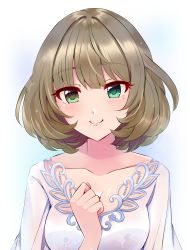 Rule 34 | 1girl, absurdres, breasts, brown hair, cleavage, closed mouth, collarbone, commentary request, gradient background, green eyes, hand up, heterochromia, highres, idolmaster, idolmaster cinderella girls, idolmaster cinderella girls starlight stage, large breasts, looking at viewer, mole, mole under eye, portrait, sakura ran, shirt, short hair, smile, solo, takagaki kaede, upper body, white shirt