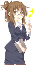Rule 34 | 10s, 1girl, bespectacled, blush, brown eyes, brown hair, folded ponytail, formal, glasses, highres, inazuma (kancolle), kantai collection, looking at viewer, natsu (anta tte hitoha), open mouth, pantyhose, pencil skirt, short hair, skirt, skirt suit, smile, solo, suit, teacher