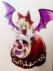 Rule 34 | 1girl, bat wings, black eyes, black vest, blonde hair, commentary request, elis (touhou), facial mark, fang, flower, frilled sleeves, frills, hair flower, hair ornament, hair ribbon, holding, holding wand, juliet sleeves, kaigen 1025, long hair, long sleeves, marker (medium), neck ribbon, open mouth, puffy sleeves, purple wings, red flower, red ribbon, red skirt, ribbon, shirt, simple background, skirt, smile, star (symbol), star facial mark, star wand, touhou, touhou (pc-98), traditional media, vest, wand, white background, white shirt, wings, yuugenmagan