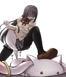 Rule 34 | 10s, 1girl, akemi homura, anger vein, black hair, black pantyhose, foot on head, hairband, holding another&#039;s tail, kyubey, long hair, mahou shoujo madoka magica, mahou shoujo madoka magica (anime), nekoyanagi reo, pantyhose, school uniform, shaded face, shadow, stepped on, tail, tail grab