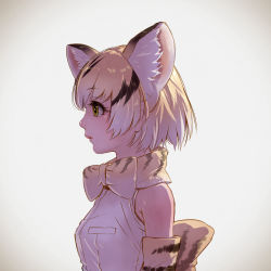 Rule 34 | 10s, 1girl, animal ear fluff, animal ears, animal print, black hair, blonde hair, blouse, bow, bowtie, breasts, cat ears, extra ears, eyelashes, from side, gradient hair, highres, kemono friends, lips, md5 mismatch, multicolored hair, nose, profile, realistic, resolution mismatch, sand cat (kemono friends), sand cat print, shirt, sleeveless, sleeveless shirt, small breasts, solo, source smaller, takami masahiro, upper body, white hair, white shirt, yellow eyes