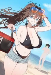 1boy 1girl aozaki_aoko bare_shoulders beach bikini black_bikini blue_eyes blue_shorts blush breasts brown_hair cleavage ebora grin hair_intakes highres large_breasts long_hair looking_at_viewer mahou_tsukai_no_yoru male_swimwear navel shizuki_soujuurou shore short_hair short_shorts shorts sidelocks smile solo_focus sunglasses swim_trunks swimsuit thighs white_shorts