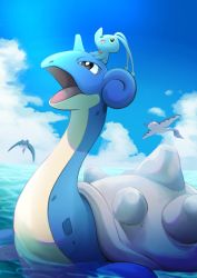 Rule 34 | :d, afloat, cloud, commentary request, creatures (company), day, game freak, gen 1 pokemon, gen 2 pokemon, gen 4 pokemon, highres, lapras, legendary pokemon, looking up, manaphy, mantine, mythical pokemon, nintendo, no humans, on head, open mouth, outdoors, pokemon, pokemon (creature), pokemon on head, riding, riding pokemon, sky, smile, tongue, water, yuro (mangasukinoyuro)