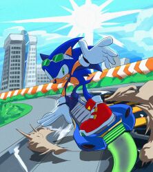 Rule 34 | 1boy, blue sky, building, furry, furry male, gloves, goggles, goggles on head, green eyes, highres, hoverboard, outdoors, racetrack, red footwear, shoes, sky, skyscraper, slickevaan, solo, sonic (series), sonic the hedgehog, white gloves