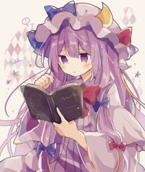 Rule 34 | !, 1girl, argyle, blue bow, book, bow, bowtie, cowboy shot, crescent, crescent pin, dress, hair bow, hat, hat ribbon, hexagram, holding, holding book, long hair, long sleeves, mina (sio0616), mob cap, multiple bows, open book, open mouth, patchouli knowledge, purple dress, purple eyes, purple hair, purple hat, red bow, red bowtie, ribbon, sidelocks, solo, spoken exclamation mark, striped clothes, striped dress, touhou, wide sleeves