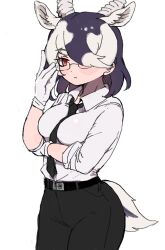 010mzam animal_ears antelope_ears antelope_horns between_breasts black_hair blackbuck_(kemono_friends) blush breasts dress_shirt extra_ears glasses gloves hair_over_one_eye highres horns kemono_friends kemono_friends_3 large_breasts long_sleeves looking_at_viewer multicolored_hair necktie necktie_between_breasts office_lady pants red_eyes shirt short_hair solo tail two-tone_hair white_hair