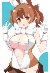 Rule 34 | 1girl, :o, animal ear fluff, animal ears, berusa (berutoo), blue background, bow, bowtie, breasts, brown dress, brown eyes, brown hair, cleavage, contrapposto, dhole (kemono friends), double v, dress, extra ears, fang, gloves, highres, kemono friends, kemono friends 3, navel, open mouth, short hair, simple background, skin fang, solo, v, white bow, white bowtie, white gloves