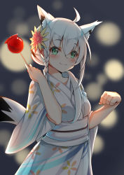 Rule 34 | 1girl, ahoge, animal ear fluff, animal ears, blurry, blurry background, blush, braid, breasts, candy apple, catnnn, food, fox ears, fox girl, fox tail, green eyes, hair between eyes, highres, holding, hololive, japanese clothes, kimono, long hair, looking at viewer, medium breasts, shirakami fubuki, smile, solo, tail, virtual youtuber, white hair, white kimono, wide sleeves