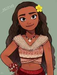 Rule 34 | 1girl, arm at side, bracelet, breasts, brown eyes, brown hair, character name, collarbone, collared shirt, curly hair, dark-skinned female, dark skin, disney, flower, grey background, hair flower, hair ornament, hair slicked back, hand on own hip, jewelry, long hair, looking at viewer, midriff, moana (movie), moana waialiki, necklace, pano (mohayayamai), shell, shell necklace, shirt, simple background, skirt, sleeveless, small breasts, smile, solo, text focus, thick eyebrows, upper body, yellow flower