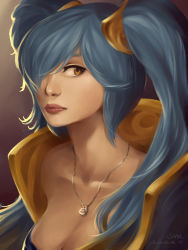 Rule 34 | 1girl, aqua hair, artist request, hair over one eye, highres, jewelry, league of legends, necklace, sona (league of legends), yellow eyes