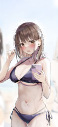 Rule 34 | 1girl, beach, bikini, blurry, blurry background, blush, breasts, brown eyes, brown hair, cellphone, collarbone, highres, holding, holding phone, large breasts, looking at viewer, mole, mole on stomach, open mouth, original, phone, purple bikini, rouka (akatyann), side-tie bikini bottom, solo focus, swimsuit, wet