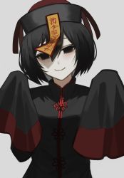 Rule 34 | 1girl, black dress, black hair, black hat, blush, bob cut, chinese clothes, closed mouth, dress, frog button, grey background, hair between eyes, hat, head tilt, highres, jiangshi, long sleeves, looking at viewer, monogatari (series), ofuda, oshino ougi, pale skin, qingdai guanmao, red hat, shaded face, short hair, simple background, sleeves past fingers, sleeves past wrists, smile, solo, tangzhuang, upper body, white background, wide sleeves, yamada maya (yamdmay)