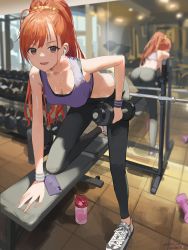 Rule 34 | 1girl, ahoge, arisugawa natsuha, ass, bad id, bad pixiv id, breasts, brown eyes, cleavage, dumbbell, highres, holding, idolmaster, idolmaster shiny colors, indoors, long hair, looking at viewer, mirror, open mouth, orange hair, pants, ponytail, reflection, smile, solo, sports bra, spung, sweat, yoga pants