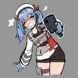 1girl :d aiming aiming_at_viewer beret black_shorts blue_gloves blue_hair closed_eyes colphne_(girls&#039;_frontline_2) commentary cropped_legs english_commentary facing_viewer girls&#039;_frontline girls&#039;_frontline_2:_exilium gloves grey_background gun handgun hat holding holding_gun holding_weapon kaibootsu leaning_to_the_side long_sleeves open_mouth red_ribbon ribbon shorts simple_background smile solo taurus_curve thighs twintails weapon white_hat