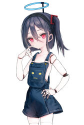 Rule 34 | &lt;key&gt; (blue archive), alternate costume, alternate hair length, alternate hairstyle, black hair, black hairband, blue archive, blue overalls, closed mouth, collarbone, commentary request, cowboy shot, doll joints, expressionless, fake halo, finger to mouth, flat chest, h.yasai, hair between eyes, hairband, halo, highres, joints, looking at viewer, naked overalls, no bra, one side up, overall skirt, overalls, red eyes, ringed eyes, robot girl, short hair, simple background, standing, thigh gap, thighhighs, white background, white thighhighs