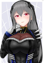 Rule 34 | 1girl, archstreal, azur lane, black corset, breasts, cleavage, corset, cross, cross necklace, earrings, gloves, grey hair, hairband, highres, jewelry, large breasts, long hair, looking at viewer, mole, mole under eye, necklace, red eyes, saint-louis (azur lane), simple background, solo, solo focus, tagme, white gloves