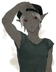 Rule 34 | 1boy, arm up, bad id, bad pixiv id, baseball cap, collarbone, colored skin, contemporary, dark link, earrings, grey skin, hat, jewelry, looking at viewer, male focus, nintendo, pointy ears, red eyes, shirt, short sleeves, silver hair, simple background, solo, sweat, t-shirt, the legend of zelda, tobacco (tabakokobata), upper body, white background
