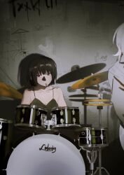 Rule 34 | 2girls, absurdres, ai ai gasa, bare shoulders, black hair, black shirt, camera flash, closed mouth, collarbone, drum, drum set, faust (project moon), highres, indoors, instrument, limbus company, looking at viewer, multiple girls, project moon, ryoshu (project moon), shirt, short hair, sleeveless, sleeveless shirt, spaghetti strap, white hair, yose (voicepilled)