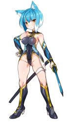 Rule 34 | 1girl, absurdres, armpits, blue hair, boots, cleft of venus, commentary request, elbow gloves, full body, gloves, gluteal fold, harigane shinshi, high heel boots, high heels, highres, holding, holding weapon, leotard, looking at viewer, multicolored hair, scabbard, sheath, short hair, solo, standing, thigh strap, weapon, white background, yellow eyes