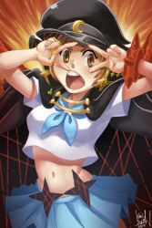 Rule 34 | 10s, 1girl, alternate costume, aqua sailor collar, banchou, blouse, bracelet, brass knuckles, brown eyes, brown hair, chromatic aberration, crescent, crop top, crop top overhang, delinquent, double v, jacket, jacket on shoulders, jewelry, karla diaz castro, kill la kill, mankanshoku mako, midriff, mouth hold, navel, open mouth, round teeth, sailor collar, school uniform, serafuku, shirt, short hair, solo, spiked bracelet, spikes, spoilers, stalk in mouth, straw (stalk), teeth, v, v over eye, weapon, white shirt