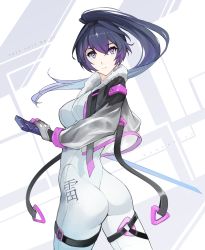 Rule 34 | 1girl, absurdres, ass, bodysuit, english text, from behind, fur collar, gloves, hair between eyes, high ponytail, highres, holding, holding sword, holding weapon, honkai (series), honkai impact 3rd, kai1up, leg belt, long hair, long sleeves, looking at viewer, looking back, purple eyes, purple hair, raiden mei, serious, sidelocks, solo, sword, weapon