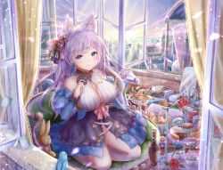 Rule 34 | 1girl, animal ears, bad id, bad pixiv id, bare shoulders, beer bottle, blue eyes, blush, breasts, cake, card, cleavage, closed mouth, crumbs, flower, food, fox girl, holding, holding food, kinom (sculpturesky), large breasts, long hair, looking at viewer, original, playing card, purple hair, red flower, red rose, rose, seiza, sitting, solo, stuffed animal, stuffed rabbit, stuffed toy, sunrise, window