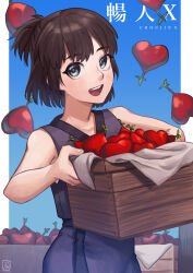 Rule 34 | 1girl, absurdres, apple, brown hair, choujin x, copyright name, crate, food, fruit, grey robe, highres, ikahueki, looking at viewer, open mouth, otta ely (choujin x), robe, short hair, short twintails, smile, solo, twintails
