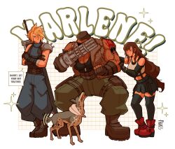 Rule 34 | 1girl, 2boys, absurdres, arm tattoo, barret wallace, biceps, black hair, blonde hair, boots, buster sword, cloud strife, crop top, crossed arms, crying, dark-skinned male, dark skin, dog, english text, fawkesart, final fantasy, final fantasy vii, final fantasy vii rebirth, final fantasy vii remake, highres, multiple boys, red footwear, skirt, speech bubble, suspender skirt, suspenders, sword, tank top, tattoo, thighhighs, tifa lockhart, weapon, weapon on back