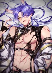 Rule 34 | 1boy, abs, ahoge, animal ear fluff, animal ears, arm strap, bed, blood, blood on face, chest strap, earrings, fox boy, fox ears, fox tail, gloves, heterochromia, highres, injury, jewelry, kuya (nu carnival), licking, licking lips, long hair, looking at viewer, lying, male focus, nail polish, nipples, nu carnival, pectorals, purple eyes, purple hair, shirt, strap, tail, tongue, tongue out, torn clothes, torn shirt, yadome810, yellow eyes