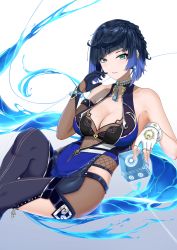 Rule 34 | 1girl, absurdres, asymmetrical gloves, bare shoulders, blue gloves, blue hair, breasts, cleavage, genshin impact, gloves, green eyes, hand up, highres, large breasts, looking at viewer, mole, mole on breast, parted lips, smile, solo, thighs, water, white gloves, yelan (genshin impact), yiler