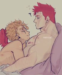 Rule 34 | 2boys, ?, arm hair, bara, bed sheet, blonde hair, blue eyes, boku no hero academia, chest hair, couple, endeavor (boku no hero academia), eye contact, facial hair, feathered wings, from side, hanta96, hawks (boku no hero academia), highres, looking at another, male focus, mature male, multiple boys, muscular, muscular male, naked sheet, nipples, nude, pectorals, profile, red hair, red wings, scar, scar across eye, scar on face, short hair, sideburns, spiked hair, stubble, upper body, wings, yaoi