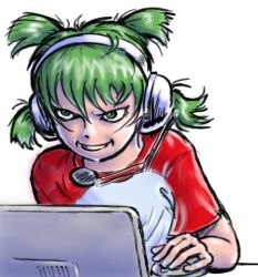 Rule 34 | 1girl, child, computer, death note, green eyes, green hair, headset, just as planned (meme), koiwai yotsuba, laptop, lowres, meme, multicolored shirt, parody, shirt, solo, yotsubato!