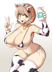 Rule 34 | 1girl, absurdres, animal ears, animal print, bare shoulders, bikini, blush, bottle, breasts, brown eyes, brown hair, collarbone, cow print, cow print bikini, cow print sleeves, cow print thighhighs, cowbell, cowboy shot, detached sleeves, fake animal ears, fake horns, gradient background, grey background, highres, horns, huge breasts, knees together feet apart, looking at viewer, lucyfer, micro bikini, milk bottle, narusawa ryouka, navel, occultic;nine, open mouth, print bikini, print thighhighs, shiny skin, short hair, side-tie bikini bottom, smile, solo, standing, swimsuit, teeth, thighhighs, thighs, upper teeth only, v, white background
