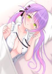 Rule 34 | 1girl, :o, bed, black ribbon, blanket, blouse, blush, braid, breasts, chocomaru, cleavage, collarbone, collared shirt, ear piercing, earrings, french braid, frilled shirt, frills, from above, green eyes, highres, hololive, jewelry, long hair, looking at viewer, medium breasts, multicolored hair, neck ribbon, no bra, on bed, open clothes, open mouth, open shirt, piercing, pillow, pointy ears, ribbon, shirt, sleeveless, solo, tokoyami towa, twintails, two-tone hair, under covers, upper body, virtual youtuber