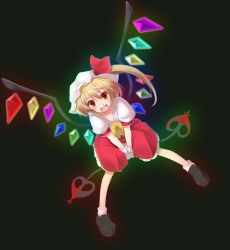 Rule 34 | 1girl, :d, between legs, crystal, demon wings, dress, dutch angle, embodiment of scarlet devil, female focus, flandre scarlet, full body, gradient background, hand between legs, hat, holding, holding weapon, leaning forward, looking at viewer, mob cap, open mouth, own hands together, polearm, puffy short sleeves, puffy sleeves, red dress, short sleeves, smile, solo, spear, spread legs, touhou, wapokichi, weapon, wings