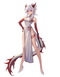 Rule 34 | 1girl, absurdres, ark line, arknights, bare legs, bare shoulders, bead bracelet, beads, blush, bracelet, braid, breasts, china dress, chinese clothes, closed mouth, colored skin, commentary request, dragon girl, dragon horns, dragon tail, dress, folded fan, folding fan, full body, hand fan, hand on own hip, high heels, highres, holding, holding fan, horns, jewelry, long hair, looking at viewer, medium breasts, nian (arknights), nian (unfettered freedom) (arknights), official alternate costume, pelvic curtain, pointy ears, ponytail, purple eyes, red skin, side braid, sidelocks, sleeveless, sleeveless dress, smile, solo, standing, tail, white background, white dress, white footwear