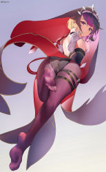 Rule 34 | 1girl, ass, back, bare shoulders, belt, black dress, blush, breasts, claw ring, dress, elbow gloves, feet, fishnet pantyhose, fishnets, fuenyuan, genshin impact, gloves, habit, hair between eyes, highres, large breasts, legs, looking at viewer, looking back, multicolored clothes, multicolored hair, multicolored headwear, nun, pantyhose, pelvic curtain, purple eyes, purple hair, purple pantyhose, red hair, rosaria (genshin impact), short hair, solo, streaked hair, tiara, two-tone dress, white dress, white gloves