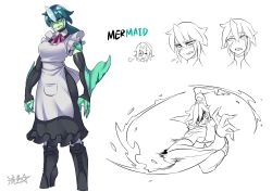 Rule 34 | alternate costume, apron, blush, breasts, detached sleeves, dorsal fin, enmaided, fins, gills, head fins, highres, maid, maid apron, mermaid, mermaid costume, monocle, monster girl, multiple views, original, ryuusei (mark ii), scales, scar, scar on face, short hair, simple background, underboob, waist apron, white apron, white background, yellow eyes