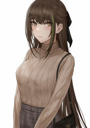 Rule 34 | 1girl, bag, blush, breasts, brown eyes, brown hair, brown sweater, closed mouth, girls&#039; frontline, green hair, hair ornament, hairclip, handbag, highres, jewelry, large breasts, long hair, long sleeves, looking at viewer, m4a1 (girls&#039; frontline), multicolored hair, necklace, selcky, simple background, solo, streaked hair, sweater