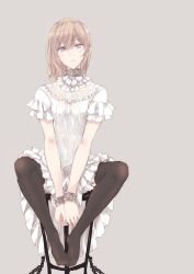 Rule 34 | 1girl, beige background, between breasts, black thighhighs, blonde hair, blue eyes, bracelet, breasts, chain, clothes between breasts, collar, cuffs, dress, elf, expressionless, frilled dress, frills, full body, grey background, grey eyes, hair between eyes, highres, jewelry, looking at viewer, original, pointy ears, short sleeves, simple background, sitting, small breasts, solo, spread legs, stool, thighhighs, touma kisa, v arms, white dress