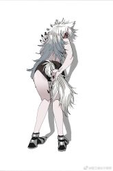 Rule 34 | 1girl, animal ears, arknights, covering ass, covering privates, from behind, lappland (arknights), long hair, looking at viewer, looking back, material growth, oripathy lesion (arknights), panties, shadow, silver hair, simple background, solo, tail, underwear, white background, wolf ears, yu yanshu