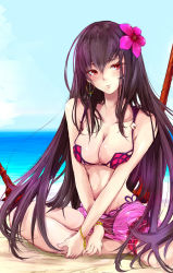 Rule 34 | 1girl, beach, bikini, black hair, blush, bracelet, breasts, cleavage, day, earrings, fate/grand order, fate (series), flower, gae bolg (fate), hair flower, hair ornament, highres, jewelry, large breasts, long hair, looking at viewer, purple bikini, purple hair, red eyes, reeds, rizzl, scathach (fate), scathach (fate), scathach (swimsuit assassin) (fate), sitting, solo, swimsuit, very long hair, yokozuwari