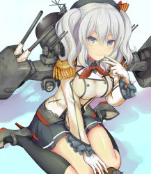 Rule 34 | 10s, 1girl, blue eyes, em s, gloves, hat, kantai collection, kashima (kancolle), long hair, miniskirt, silver hair, skirt, smile, solo, turret, twintails, uniform, wavy hair