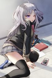 Rule 34 | 1girl, ahoge, arm behind head, arm up, bag, black jacket, black thighhighs, blazer, blush, bow, brown sweater, cellphone, commentary request, grey hair, grey skirt, hair ornament, highres, jacket, long hair, long sleeves, looking at viewer, nekozuki yuki, on floor, one eye closed, open clothes, open jacket, original, parted lips, phone, pink bow, plaid, plaid skirt, pleated skirt, purple eyes, school uniform, shoe soles, shoes, signature, skirt, sleeves past wrists, solo, sweat, sweater, thighhighs, two side up, uwabaki, very long hair, white footwear, x hair ornament