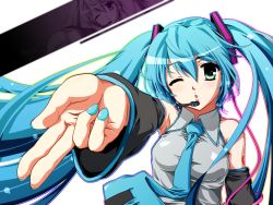 Rule 34 | 1girl, aqua hair, bad id, bad pixiv id, bare shoulders, detached sleeves, foreshortening, green eyes, hatsune miku, headset, hiromin, long hair, nail polish, necktie, outstretched arm, solo, twintails, very long hair, vocaloid, wink