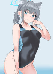 Rule 34 | 1girl, absurdres, animal ear fluff, animal ears, aw999555, black one-piece swimsuit, blue archive, blue background, blue eyes, breasts, competition swimsuit, contrapposto, covered navel, cowboy shot, cross hair ornament, extra ears, gradient background, grey hair, hair ornament, halo, highres, looking at viewer, low ponytail, medium hair, mismatched pupils, multicolored clothes, multicolored swimsuit, official alternate costume, one-piece swimsuit, shiroko (blue archive), shiroko (swimsuit) (blue archive), small breasts, solo, standing, swimsuit, wolf ears